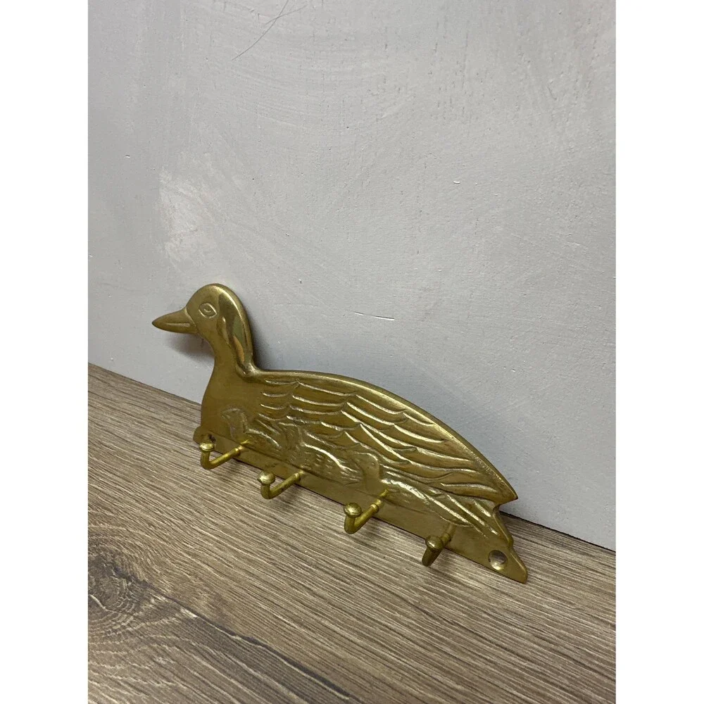 Vintage Solid Brass Duck Key Rack Wall Mount 4-Hook Cottagecore Upper Deck LTD